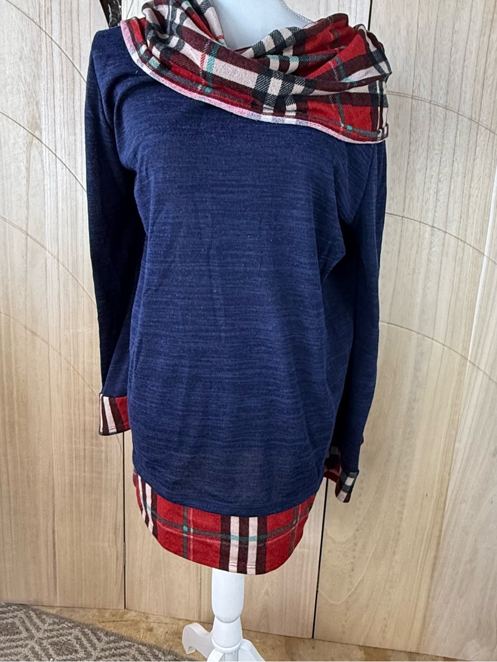 Égy Navy Blue Plaid Cowl Neck Tunic Top Elbow Patches Long Sleeve 2XL